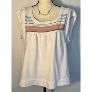 Faherty Embroidered Cap Sleeve Stripe Top Ivory Sleeveless Blouse Size L